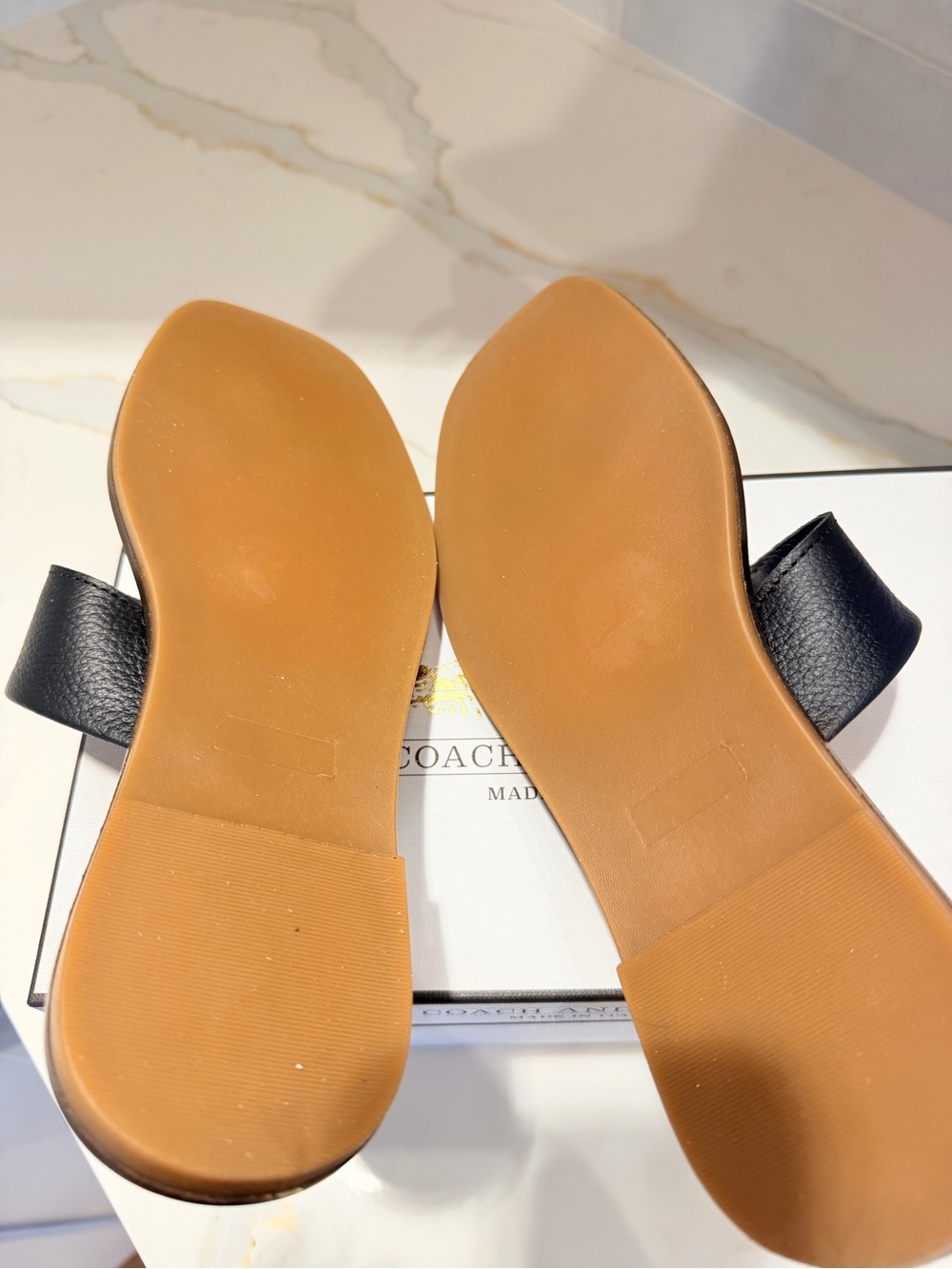 Coach and Four Black and Tan Leather Slide Sandals with Gold Accents - Picture 9 of 15
